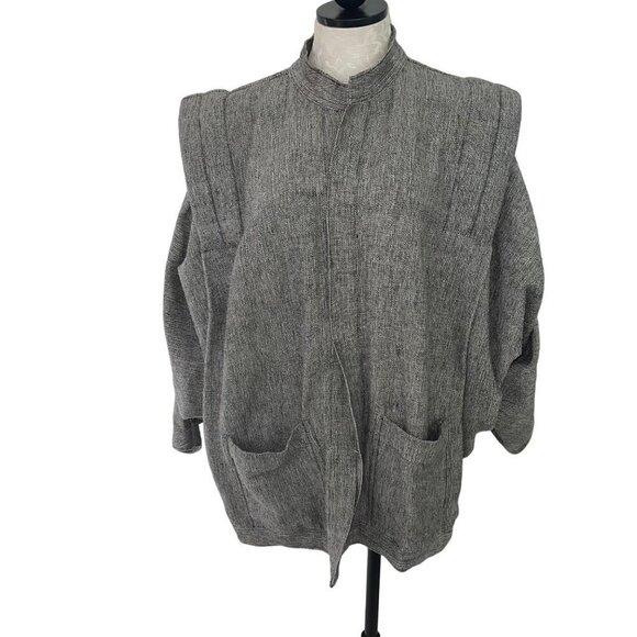 Vintage Jacket Size Large Gray White Tweed Linen Dolman Sleeve Quilted Shoulder - Picture 13 of 13
